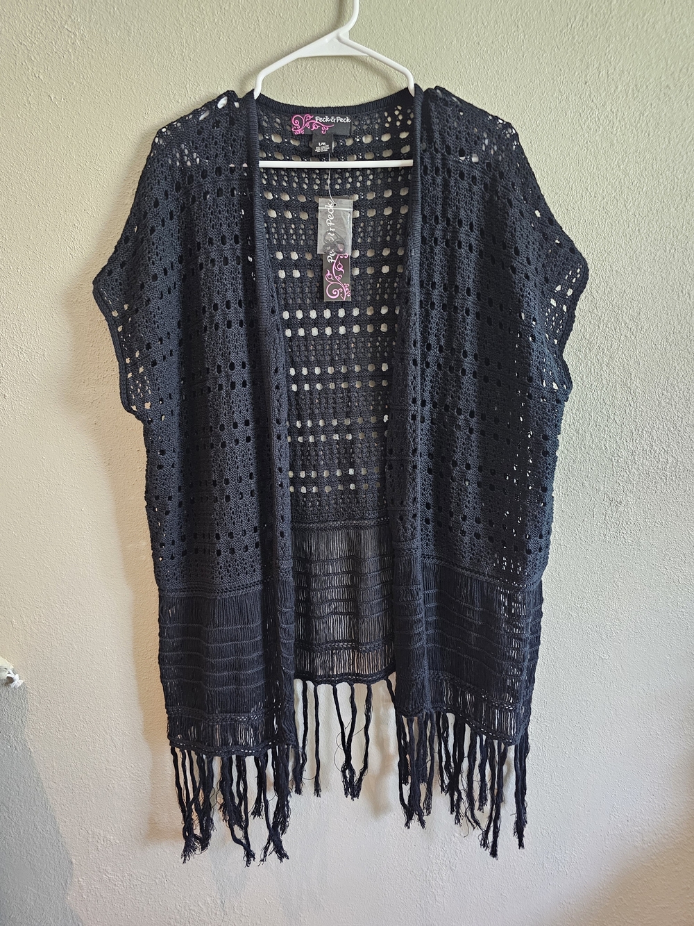Peck & Peck Black Open Knit Crochet Kimono Cardigan Fringe Boho L/XL NWT